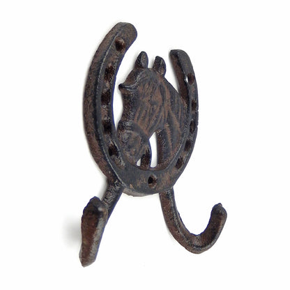 Cast Iron Horseshoe Horse Double Wall Hook Key Towel Coat Hanger Rustic Brown