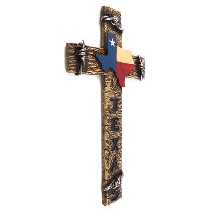 Texas Themed Decorative Wall Cross Faux Wood Map Barbed Wire Accents 13 1/2 inch