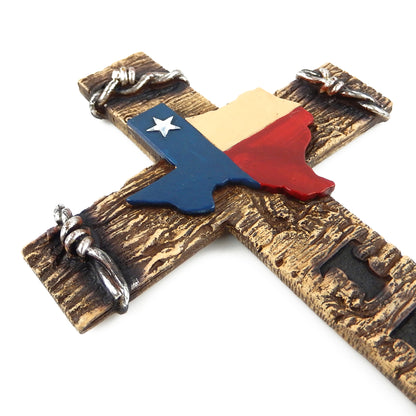 Texas Themed Decorative Wall Cross Faux Wood Map Barbed Wire Accents 13 1/2 inch