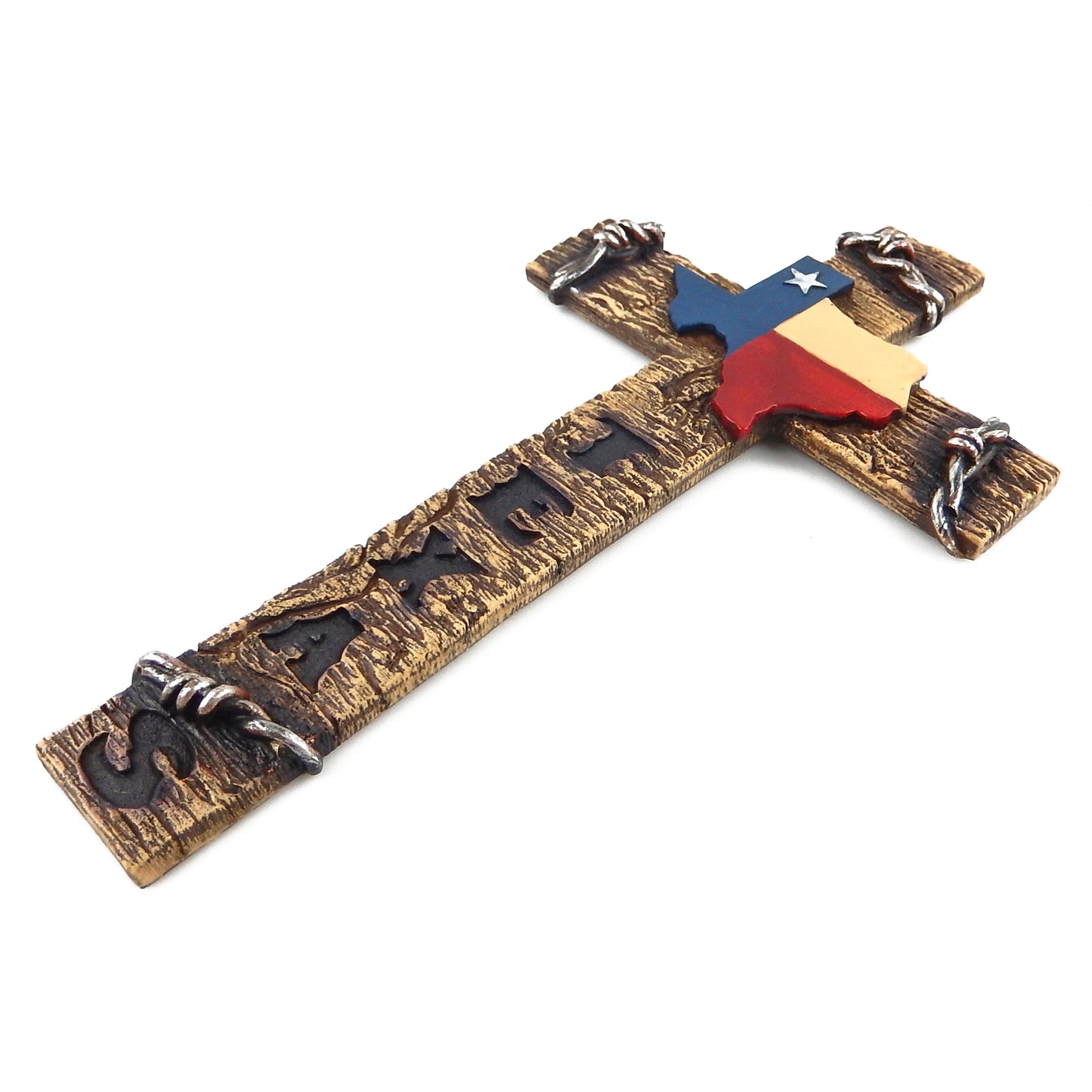 Texas Themed Decorative Wall Cross Faux Wood Map Barbed Wire Accents 13 1/2 inch