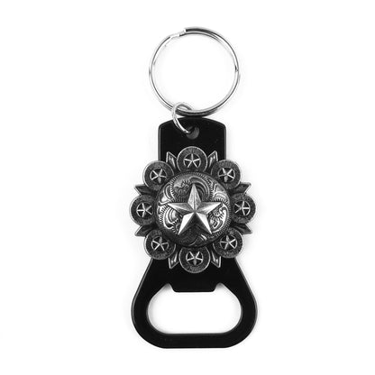 Metal Keychain Fob Beer Soda Bottle Opener Floral Silver Texas Star Concho