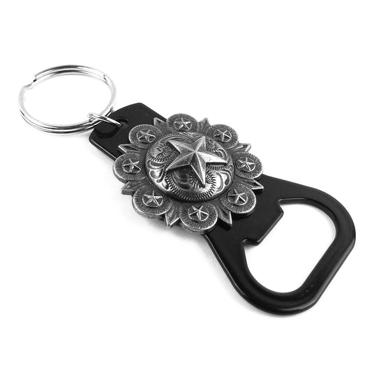 Metal Keychain Fob Beer Soda Bottle Opener Floral Silver Texas Star Concho