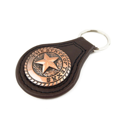 Western Brown Leather Keychain Copper The State of Texas Seal Star Concho