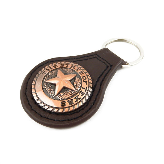 Western Brown Leather Keychain Fob Copper The State of Texas Seal Star Concho