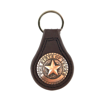 Western Brown Leather Keychain Fob Copper The State of Texas Seal Star Concho