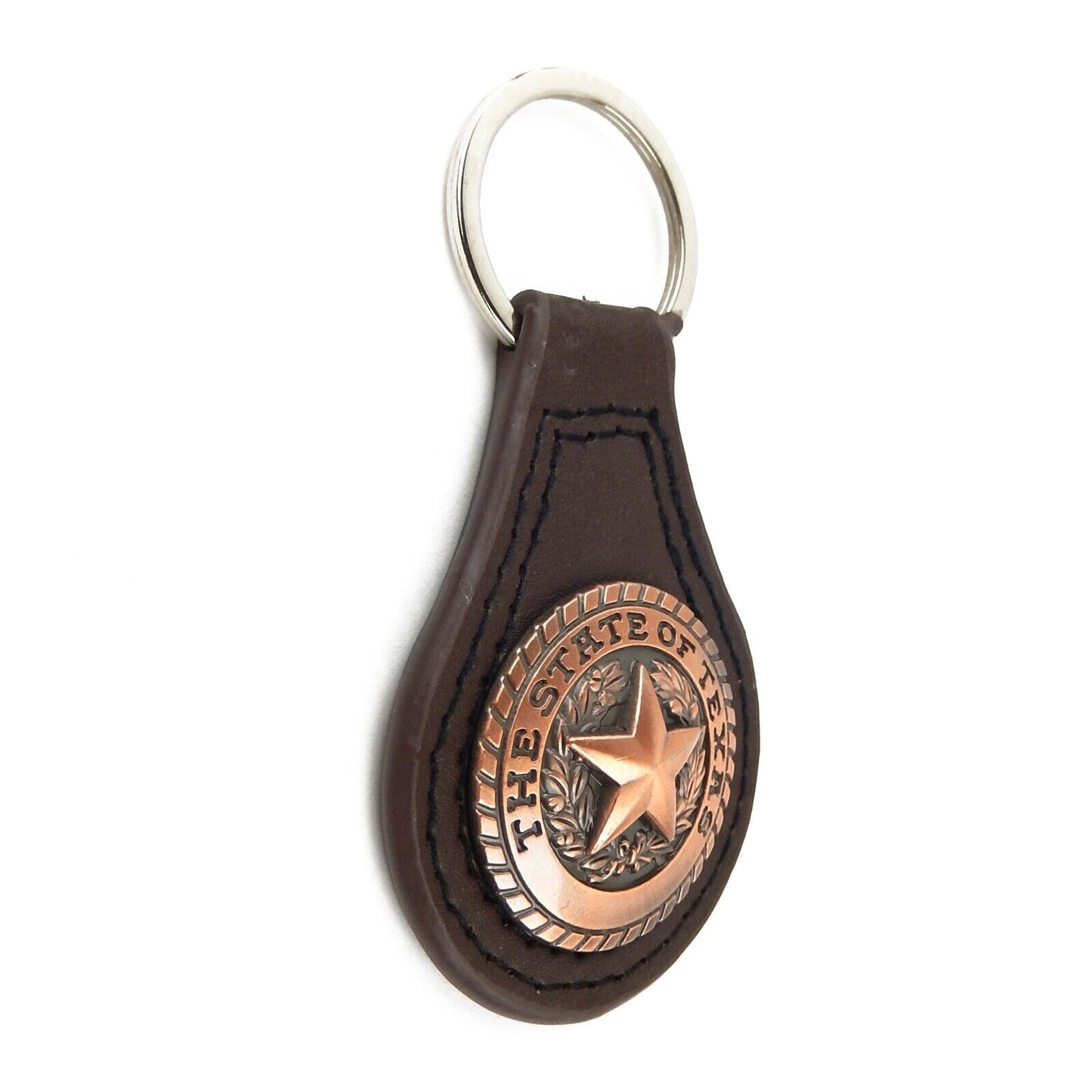 Western Brown Leather Keychain Fob Copper The State of Texas Seal Star Concho