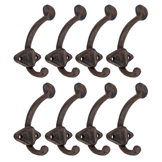 8 Cast Iron Double Wall Hooks Rustic Coat Hanger Key Holder Towel Purse 3 1/2 in