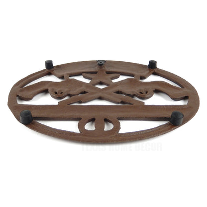 Wild West Guns Trivet with Stars Horseshoes Hot Pot Rustic Cast Iron Western