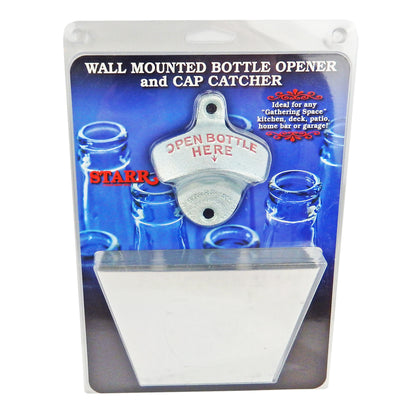 Starr Open Bottle Here Bottle Opener With Metal Cap Catcher Set Wall Mounted