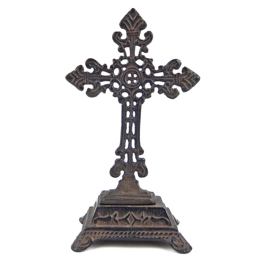 Fleur De Lis Standing Cross Cast Iron Rustic Brown Antique Style 9 3/4 in Tall