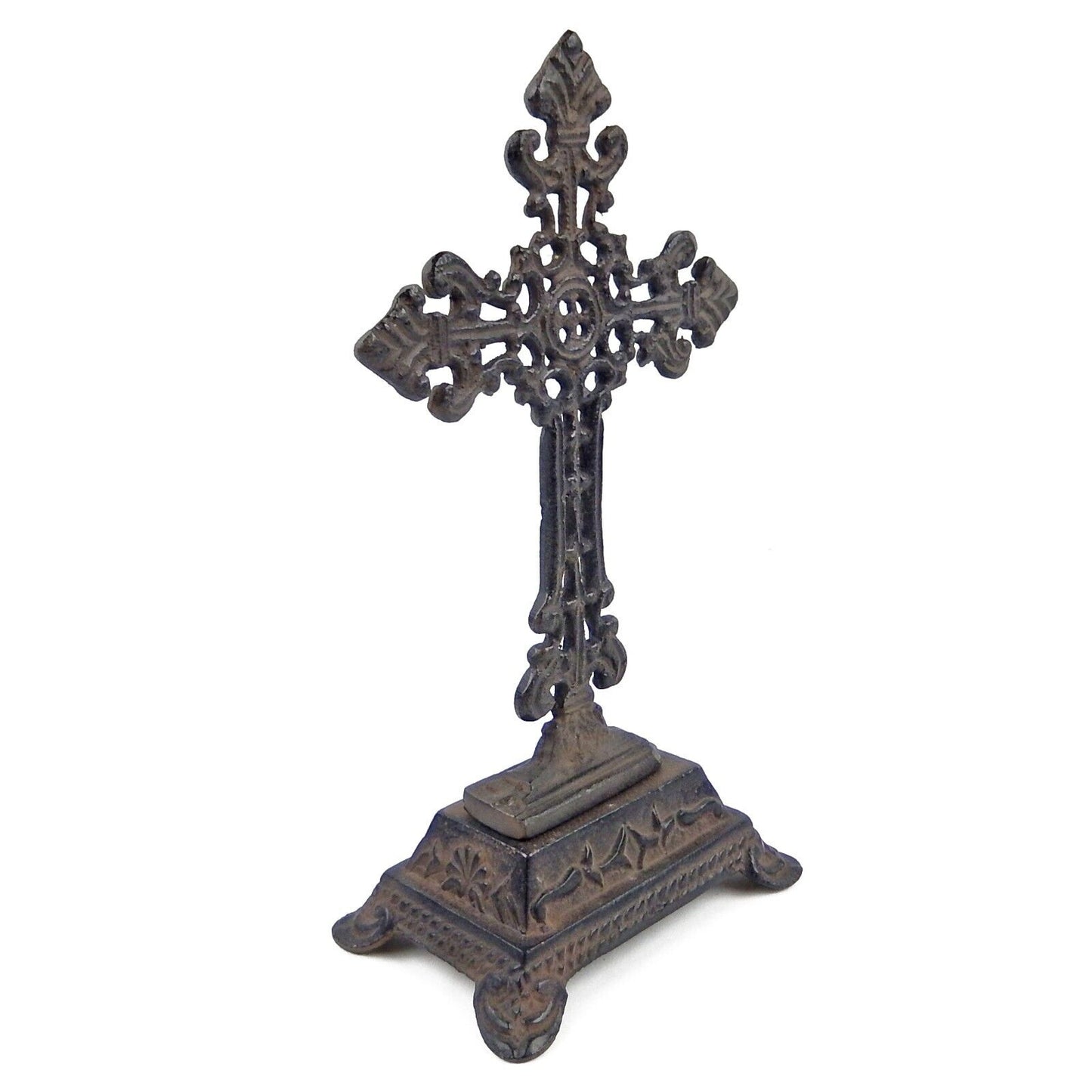 Fleur De Lis Standing Cross Cast Iron Rustic Brown Antique Style 9 3/4 in Tall