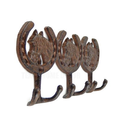 Cast Iron Horses Horseshoes Wall Hook Rack Key Towel Coat Hanger Rustic Brown