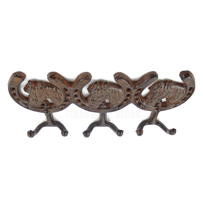 Cast Iron Horses Horseshoes Wall Hook Rack Key Towel Coat Hanger Rustic Brown