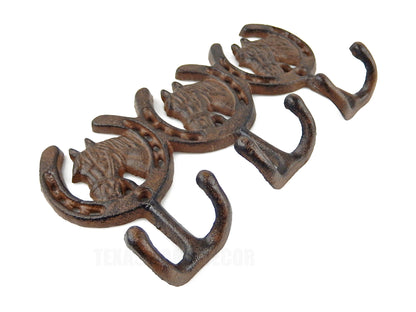 Cast Iron Horses Horseshoes Wall Hook Rack Key Towel Coat Hanger Rustic Brown