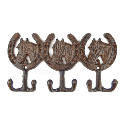 Cast Iron Horses Horseshoes Wall Hook Rack Key Towel Coat Hanger Rustic Brown