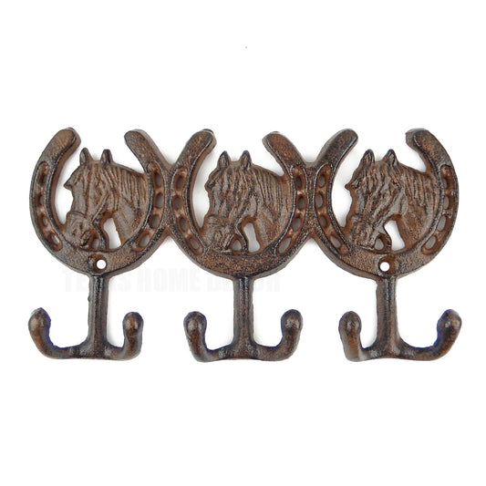 Cast Iron Horses Horseshoes Wall Hook Rack Key Towel Coat Hanger Rustic Brown