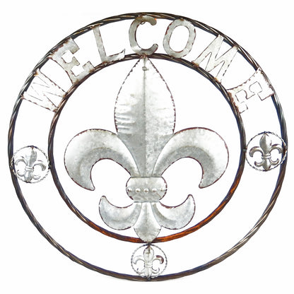 Round Metal Fleur De Lis Welcome Sign Wall Decor Plaque Rusted Silver 24 inch