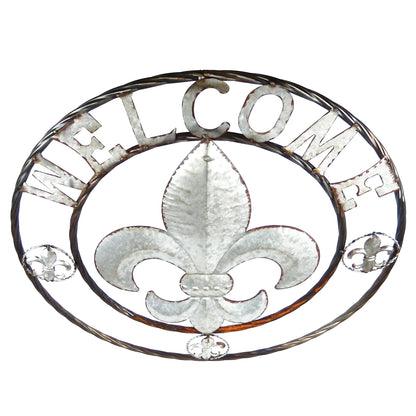 Round Metal Fleur De Lis Welcome Sign Wall Decor Plaque Rusted Silver 24 inch