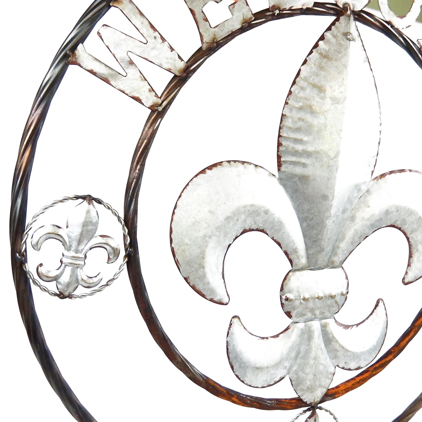 Round Metal Fleur De Lis Welcome Sign Wall Decor Plaque Rusted Silver 24 inch