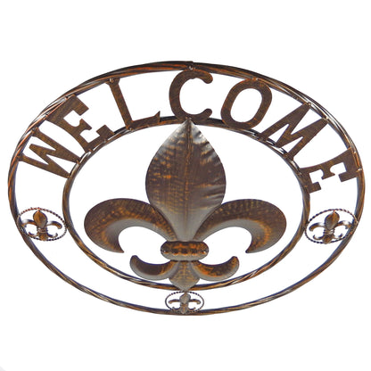 Round Metal Fleur De Lis Welcome Wall Decor Plaque Sign Rustic Brown 24 inch