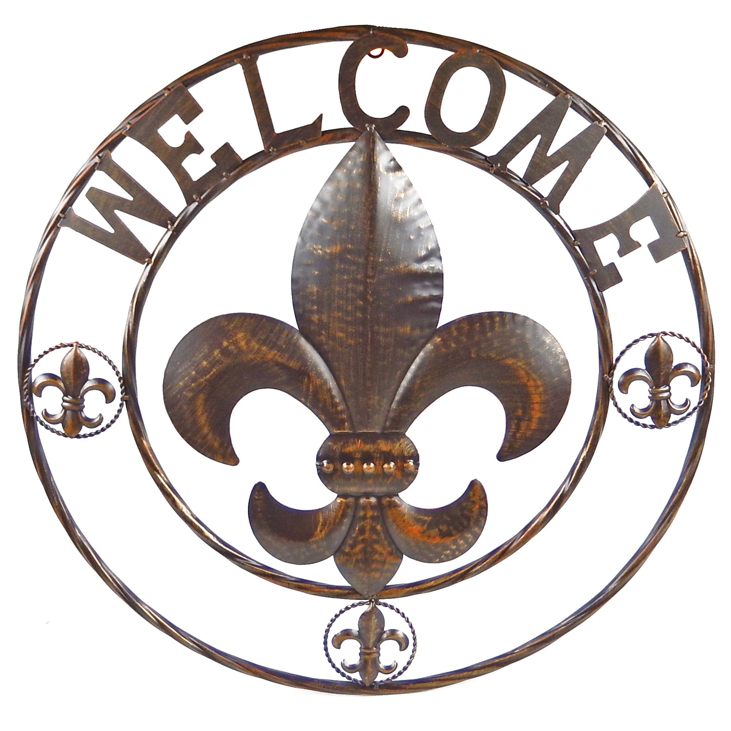 Round Metal Fleur De Lis Welcome Wall Decor Plaque Sign Rustic Brown 24 inch