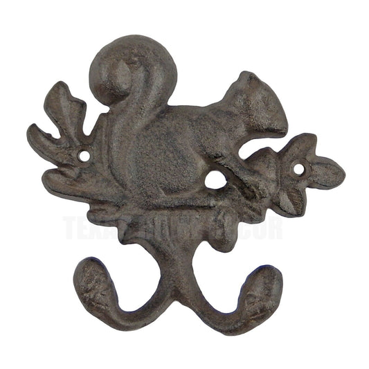 Squirrel Acorn Double Wall Hook Cast Iron Key Coat Towel Hanger Rustic Brown