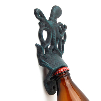 Octopus Beer Bottle Opener Cast Iron Wall Mount Nautical Rustic Sea Worn Blue