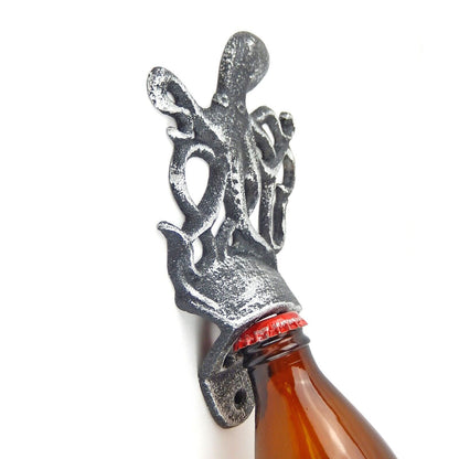 Octopus Beer Bottle Opener Cast Iron Wall Mount Nautical Rustic Silver Finish