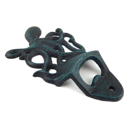 Octopus Beer Bottle Opener Cast Iron Wall Mount Nautical Rustic Sea Worn Blue