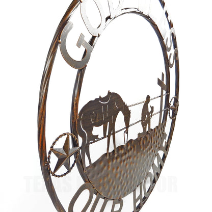 Metal God Bless Our Home Wall Decor Western Cowboy Kneeling With Horse Cross 24 inch