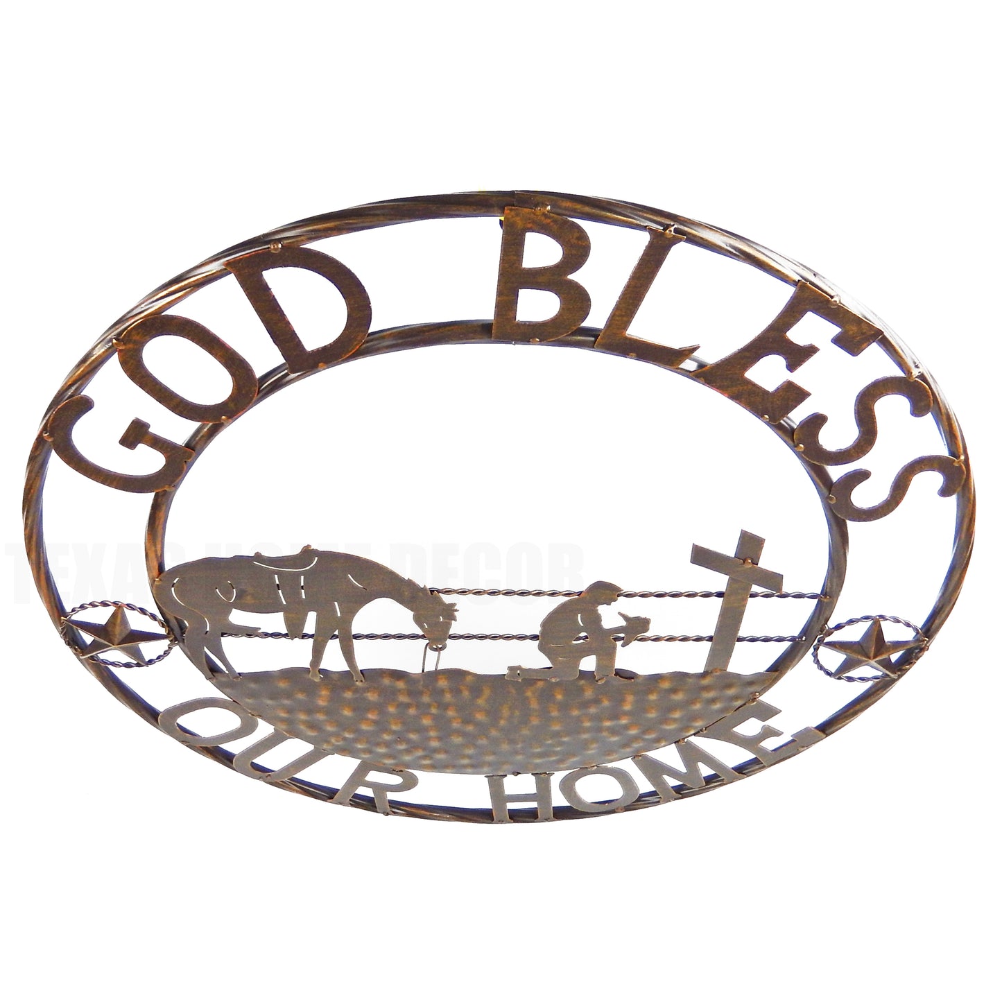 Metal God Bless Our Home Wall Decor Western Cowboy Kneeling With Horse Cross 24 inch
