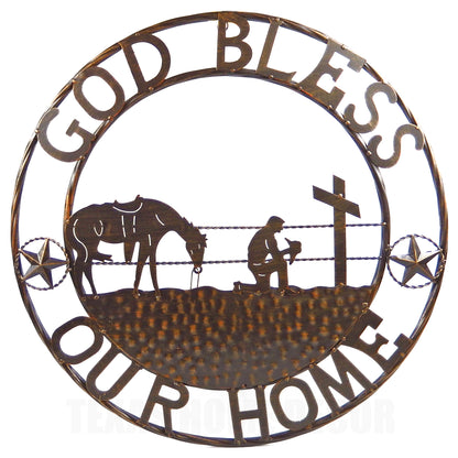 Metal God Bless Our Home Wall Decor Western Cowboy Kneeling With Horse Cross 24 inch