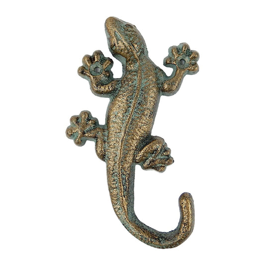 Green Gold Cast Iron Lizard Wall Hook Gecko Key Coat Towel Hanger Bathroom Decor