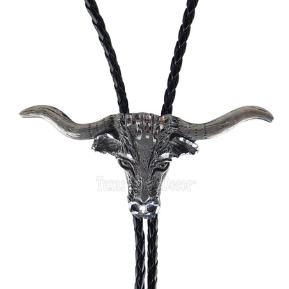 Steer Head Bolo Tie Western Longhorn Silver Tone Adjustable 36" Cord USA Made