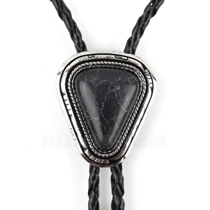 Teardrop Natural Real Black Pine Stone Bolo Tie 40" Adjustable Leather Cord