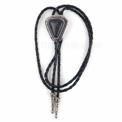 Teardrop Natural Real Black Pine Stone Bolo Tie 40" Adjustable Leather Cord