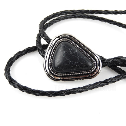 Teardrop Natural Real Black Pine Stone Bolo Tie 40" Adjustable Leather Cord
