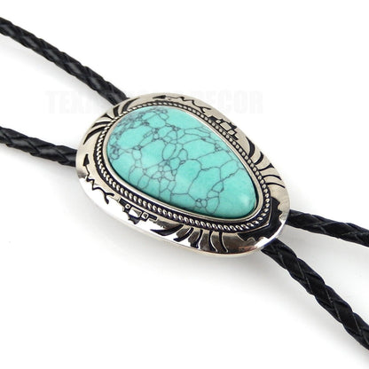 Teardrop Turquoise Stone Bolo Tie 40 inch Leather Cord Tribal Carved Pendant