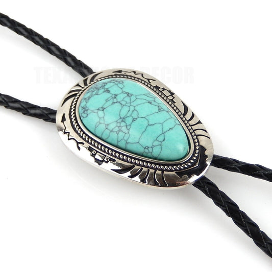 Teardrop Turquoise Stone Bolo Tie 40 inch Leather Cord Tribal Carved Pendant