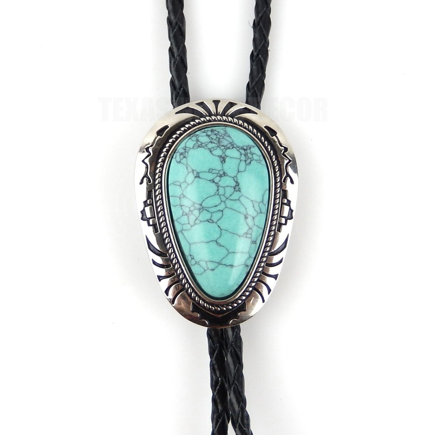 Teardrop Turquoise Stone Bolo Tie 40 inch Leather Cord Tribal Carved Pendant