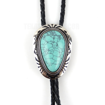 Teardrop Turquoise Stone Bolo Tie 40 inch Leather Cord Tribal Carved Pendant