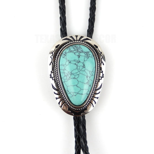 Teardrop Turquoise Stone Bolo Tie 40 inch Leather Cord Tribal Carved Pendant
