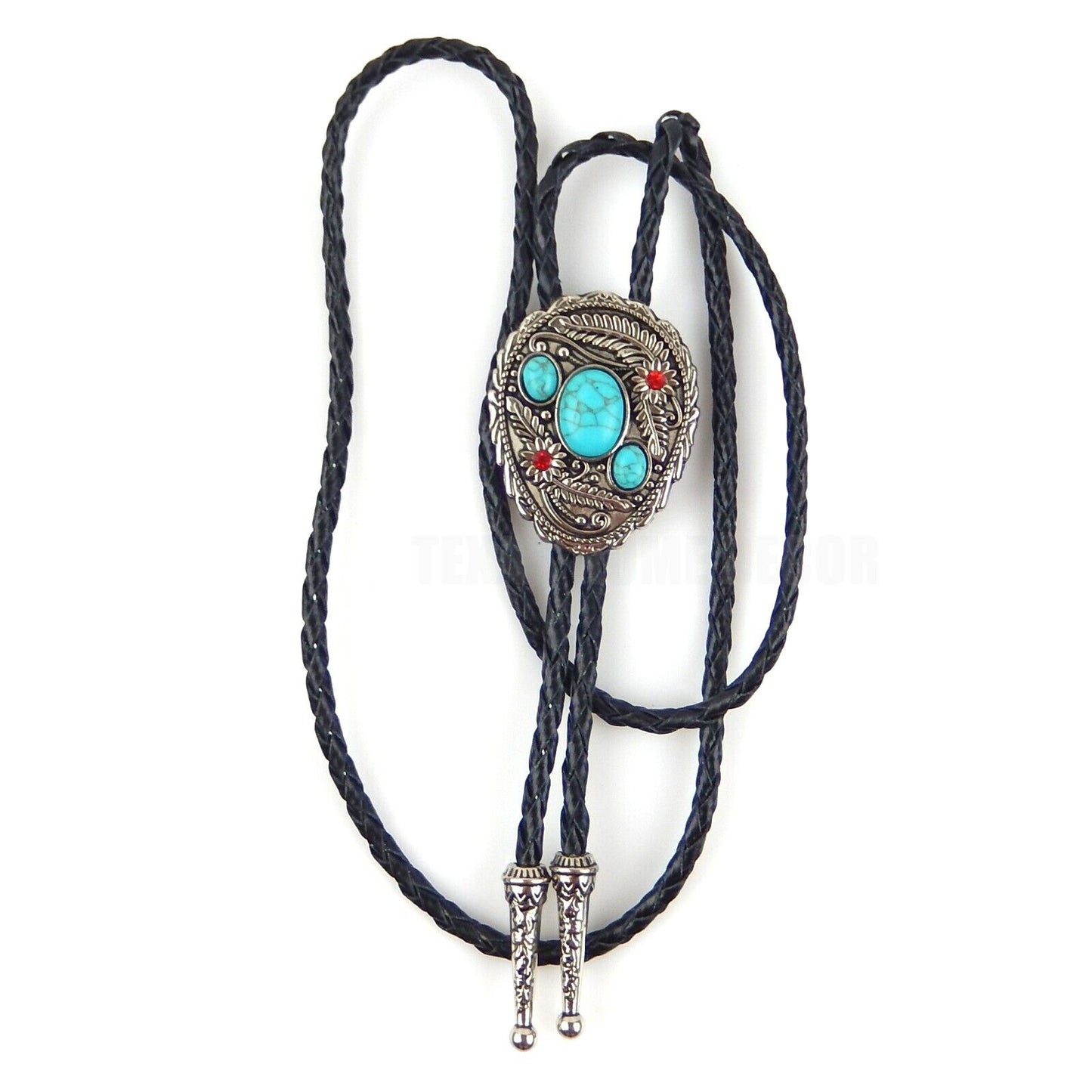 Turquoise Stones Bolo Tie Floral Red Rhinestones 40" Genuine Leather Cord