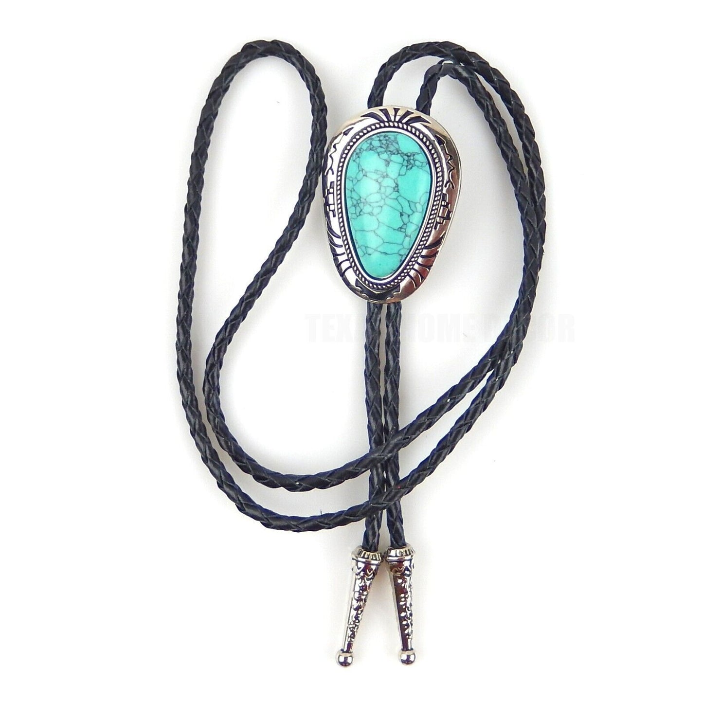 Teardrop Turquoise Stone Bolo Tie 40 inch Leather Cord Tribal Carved Pendant