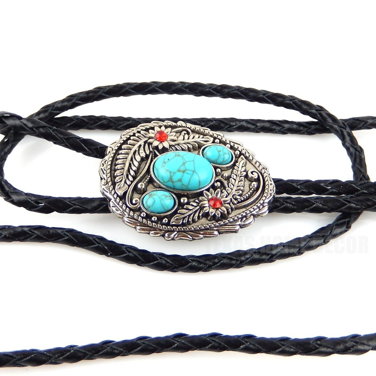 Turquoise Stones Bolo Tie Floral Red Rhinestones 40" Genuine Leather Cord
