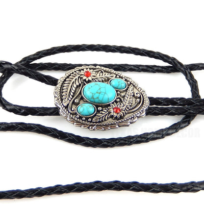 Turquoise Stones Bolo Tie Floral Red Rhinestones 40" Genuine Leather Cord