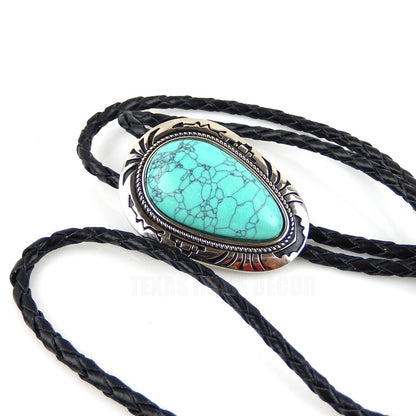 Teardrop Turquoise Stone Bolo Tie 40 inch Leather Cord Tribal Carved Pendant