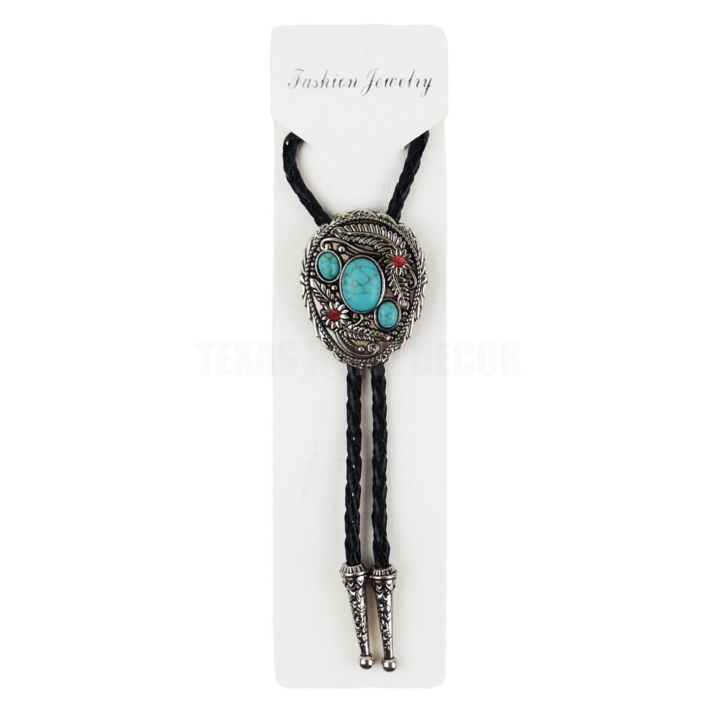 Turquoise Stones Bolo Tie Floral Red Rhinestones 40" Genuine Leather Cord