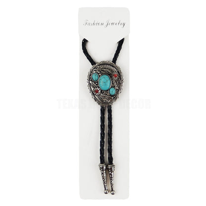 Turquoise Stones Bolo Tie Floral Red Rhinestones 40" Genuine Leather Cord