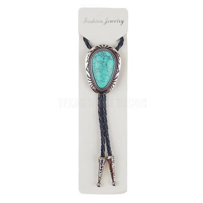 Teardrop Turquoise Stone Bolo Tie 40 inch Leather Cord Tribal Carved Pendant
